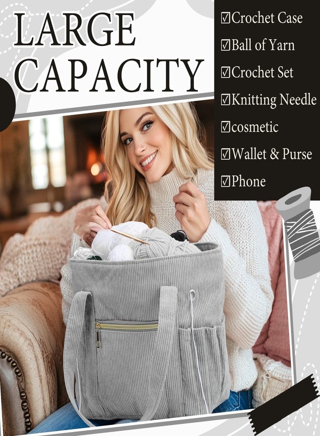 Bulyoou 2 Pcs Crochet Bag and Tote Set Corduroy Yarn Bag Crochet Tote Bag for Crochet Hooks Organizer Yarn Holder for Crochet Lovers Knitting Bag Crochet Accessories(Grey) - Image 4