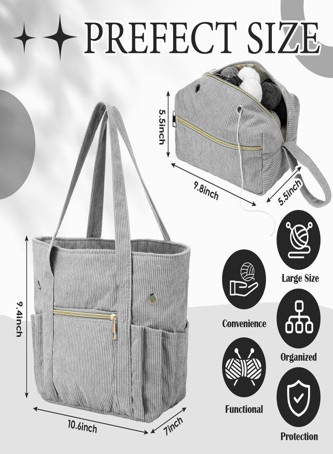 Bulyoou 2 Pcs Crochet Bag and Tote Set Corduroy Yarn Bag Crochet Tote Bag for Crochet Hooks Organizer Yarn Holder for Crochet Lovers Knitting Bag Crochet Accessories(Grey) - Image 2