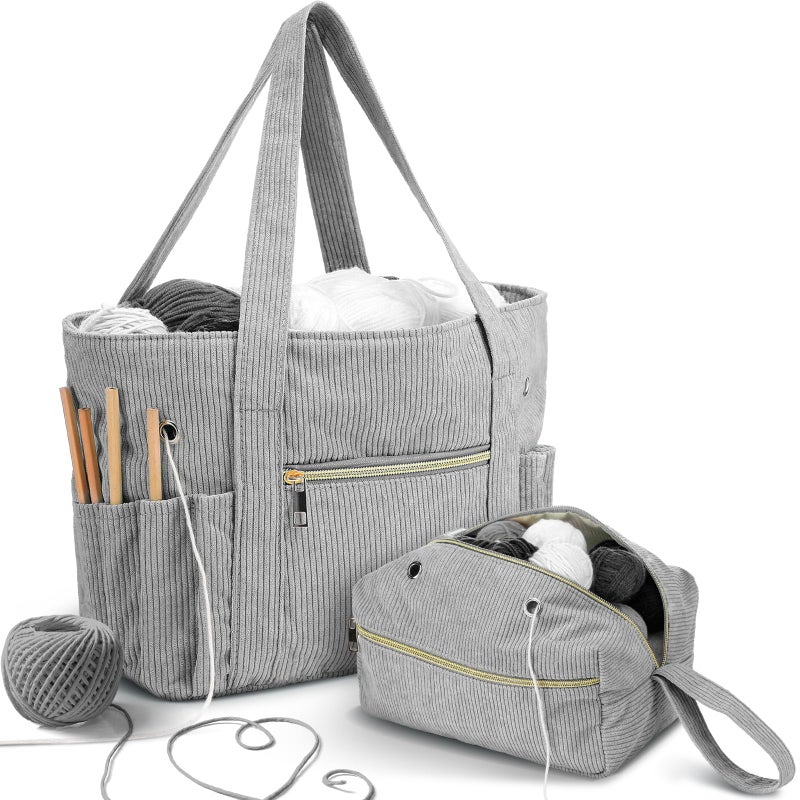Bulyoou 2 Pcs Crochet Bag and Tote Set Corduroy Yarn Bag Crochet Tote Bag for Crochet Hooks Organizer Yarn Holder for Crochet Lovers Knitting Bag Crochet Accessories(Grey) - Image 1