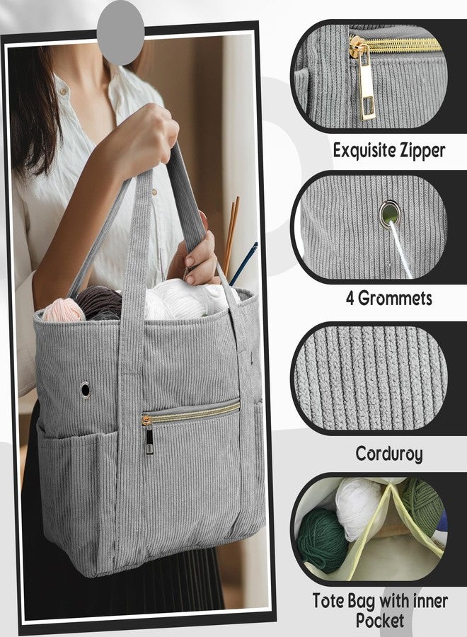Bulyoou 2 Pcs Crochet Bag and Tote Set Corduroy Yarn Bag Crochet Tote Bag for Crochet Hooks Organizer Yarn Holder for Crochet Lovers Knitting Bag Crochet Accessories(Grey) - Image 3
