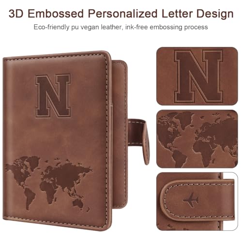 Simikol Passport Holder Wallet Cover Personalized Letter A-Z Travel Wallet RFID Blocking Passport Cover Wallet Case for Travel Passport Book Holders for Women and Men, Brown-N - Image 3