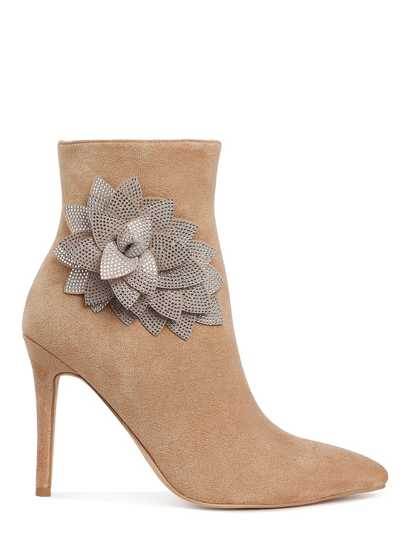 London Rag Rhinestones Petal Detail Boots in Beige - Image 1