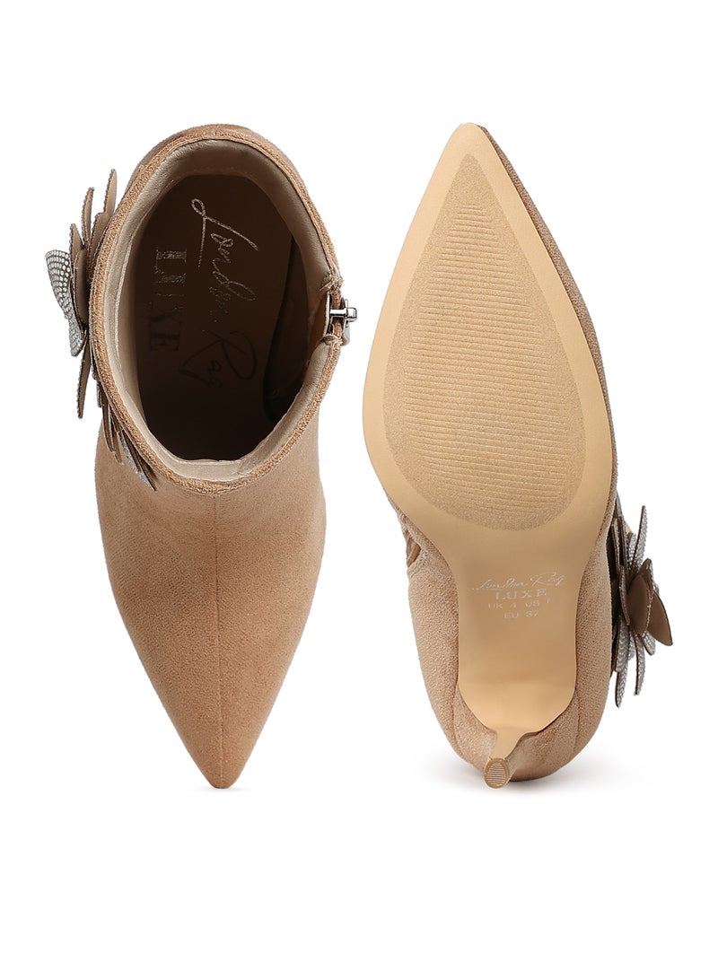 London Rag Rhinestones Petal Detail Boots in Beige - Image 4