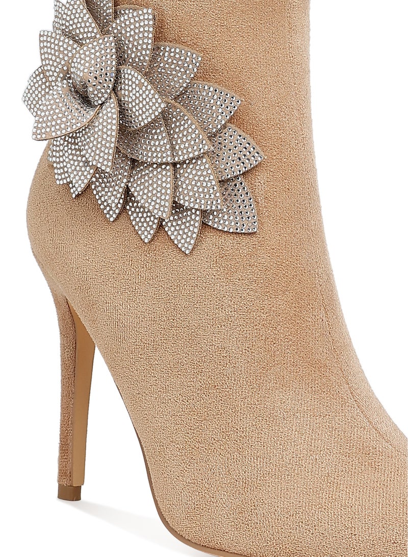 London Rag Rhinestones Petal Detail Boots in Beige - Image 5