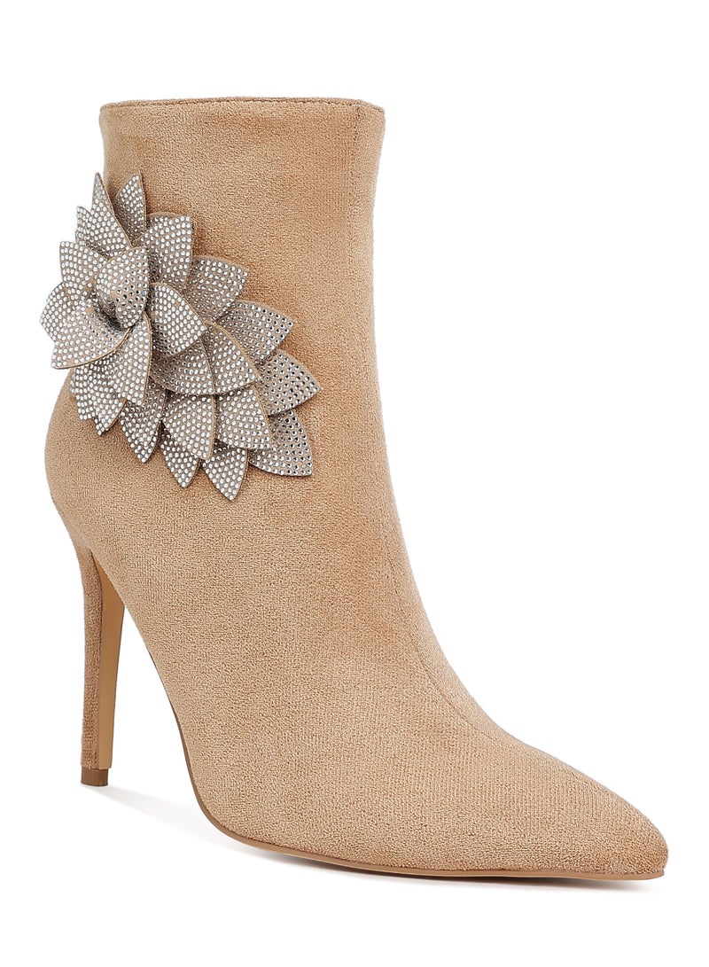 London Rag Rhinestones Petal Detail Boots in Beige - Image 2