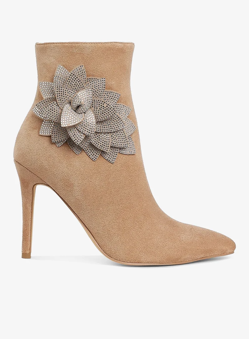 Rhinestones Petal Detail Boots in Beige