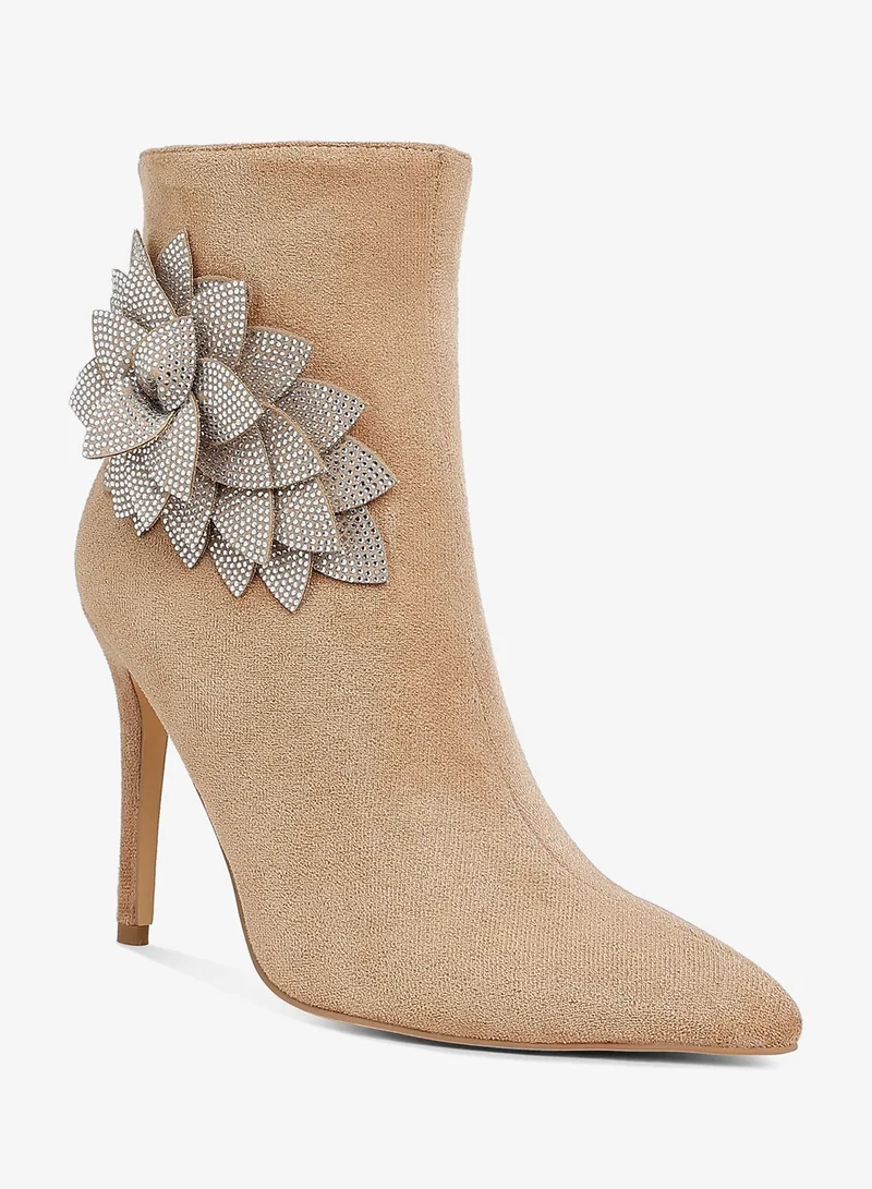London Rag Rhinestones Petal Detail Boots in Beige
