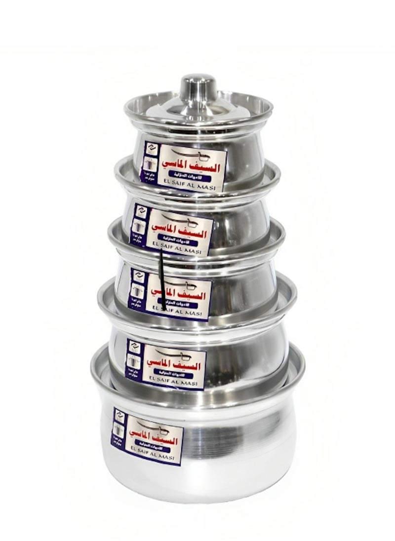 Al Saif Al Masi A set of aluminum pots from Al Saif Almasi, small, shiny, 5 pieces, 12-20 cm EEF112  - Image 1