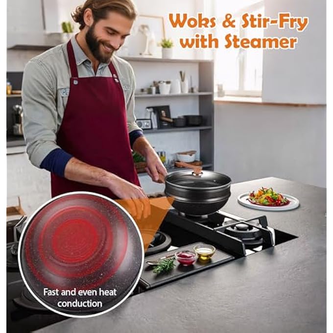 ريحني مقالي ستير فراي غير لاصقة بعمق 125 بوصة مع غطاء، ملحقات المطبخ لطهي الفطائر على البخار، الطهي على نار هادئة، غلي، طهي السمك على نار هادئة، مطعم، منزل - Image 3