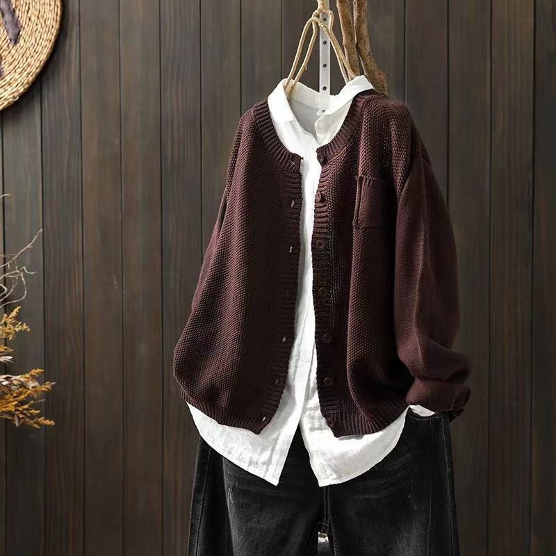 2023 Knitted Cardigan Sweater Womens Autumn Artistic Retro Long-sleeved Jacket Casual Top Brown [high quality fabric and high quality]
