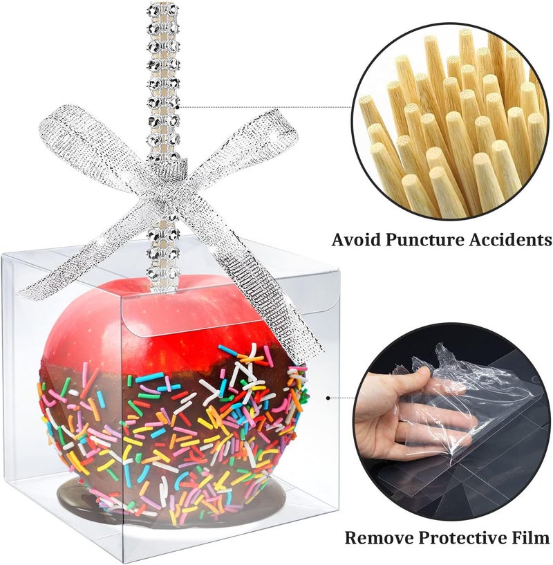 MGWOTH Candy Apple Boxes with Bling Stick Hole Set,20 Pack Caramel Apple Wrapping Kit with Clear Containers & Rhinestone Bamboo Skewers & Glitter Ribbons,Top for Cake Pop Chocolate Treat Christmas - Image 2