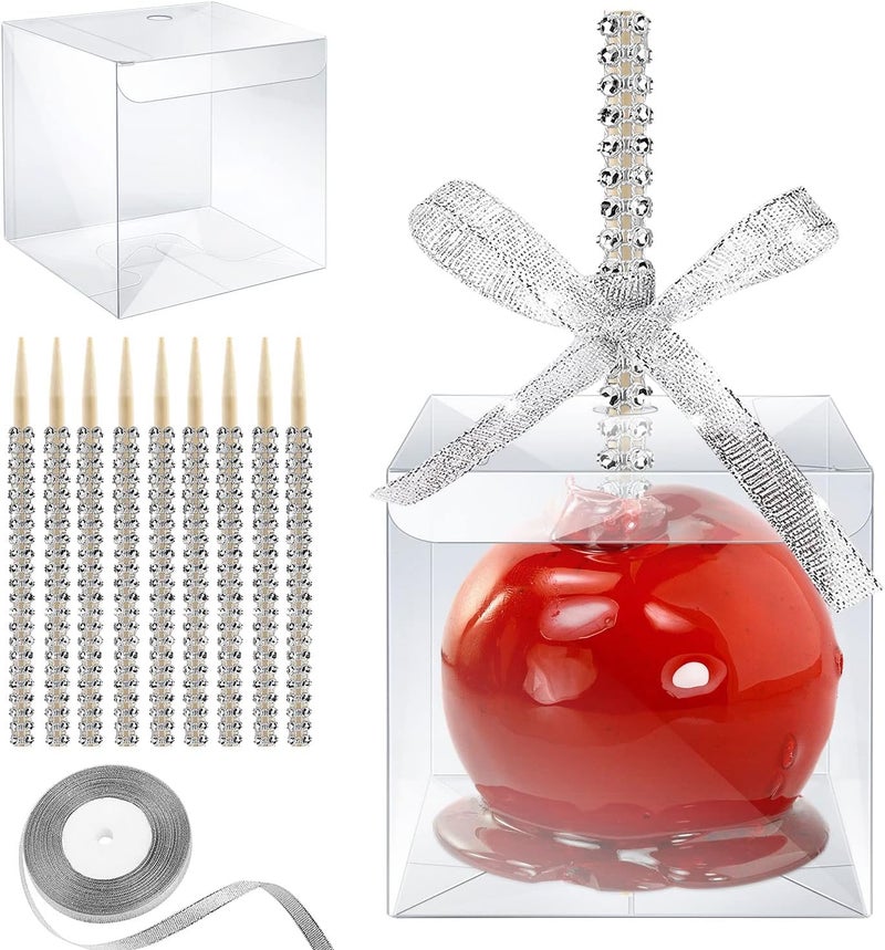 MGWOTH Candy Apple Boxes with Bling Stick Hole Set,20 Pack Caramel Apple Wrapping Kit with Clear Containers & Rhinestone Bamboo Skewers & Glitter Ribbons,Top for Cake Pop Chocolate Treat Christmas - Image 1