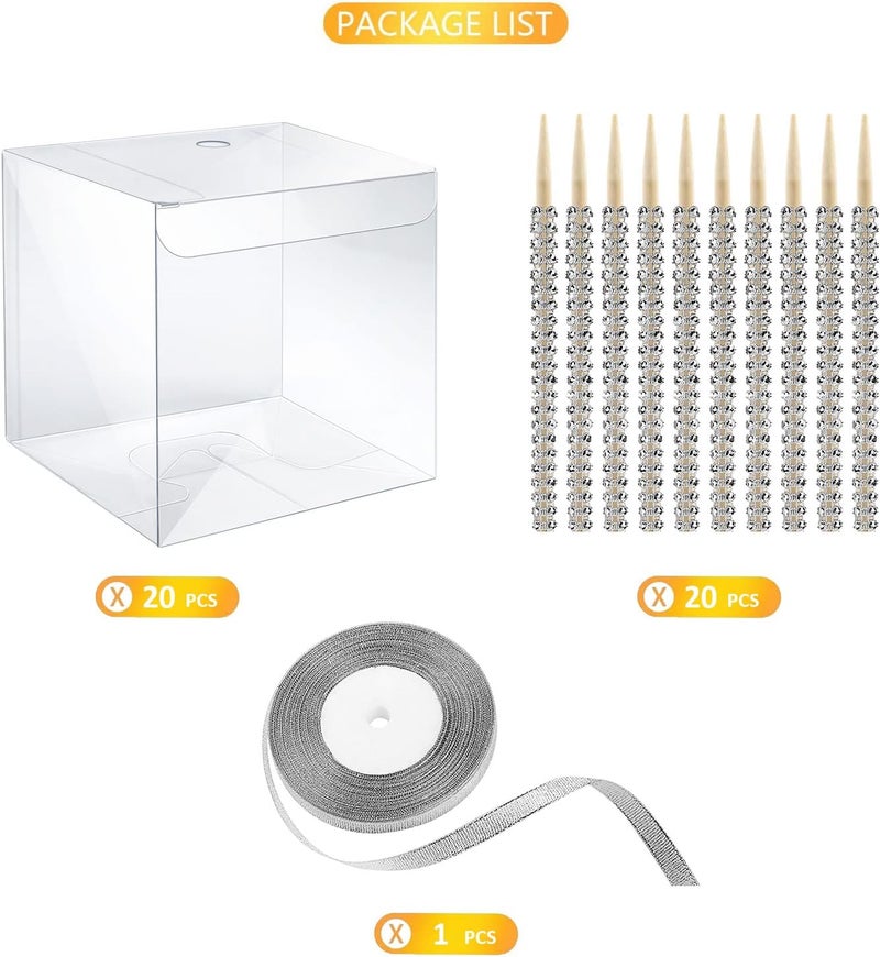 MGWOTH Candy Apple Boxes with Bling Stick Hole Set,20 Pack Caramel Apple Wrapping Kit with Clear Containers & Rhinestone Bamboo Skewers & Glitter Ribbons,Top for Cake Pop Chocolate Treat Christmas - Image 4