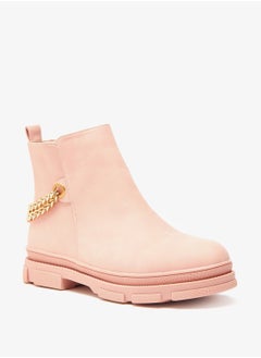 Chain Accented Boots with Zip Closure and Pull Tab Detail Beige