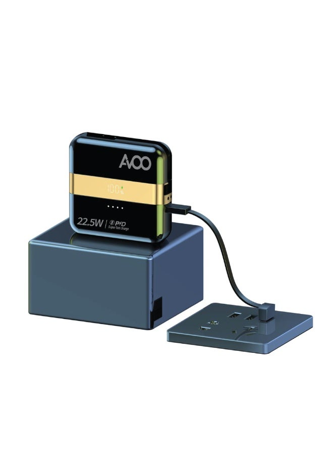 AVOO 2-in-1 portable power bank, compact and lightweight, with a 10000mAh capacity, 22.5W PD fast charging, featuring built-in iPhone and Type-C cables – a portable battery compatible with iPhone, Samsung, and Android devices, in an elegant black color. - Image 5