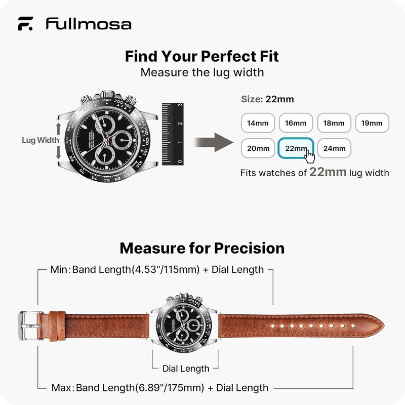 Fullmosa Quick Release Leather Watch Band, Treen Gradient Color Tanned Leather Watch Strap with Stainless Metal Clasp 22mm Brown - Image 5