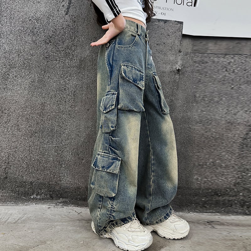 Girls' Jeans Arrival Pants Western Style Korean Style Big Children Loose Wide Leg Pants Children'S Overalls - Image 4
