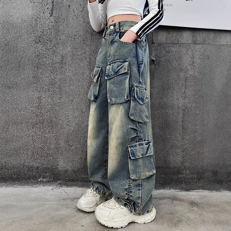 Girls' Jeans Arrival Pants Western Style Korean Style Big Children Loose Wide Leg Pants Children'S Overalls - Image 2