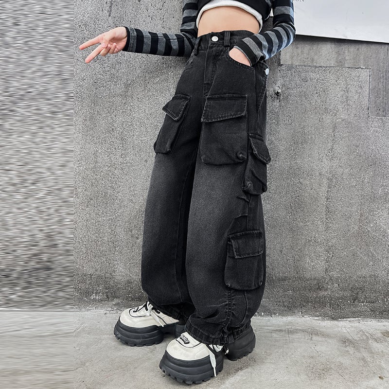 Girls' Jeans Arrival Pants Western Style Korean Style Big Children Loose Wide Leg Pants Children'S Overalls - Image 5