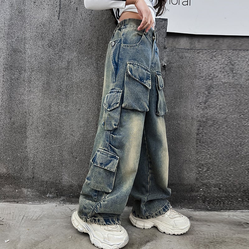 Girls' Jeans Arrival Pants Western Style Korean Style Big Children Loose Wide Leg Pants Children'S Overalls - Image 1