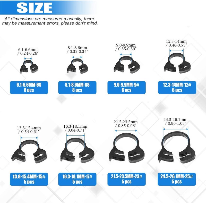 Glarks 48Pcs 8 Size Heavy Duty Black Double Gripping Nylon Hose Clamps Set 66272mm Plastic Snap Ratcheting Clamps Assortment Kit Black 48Pcs - Image 2