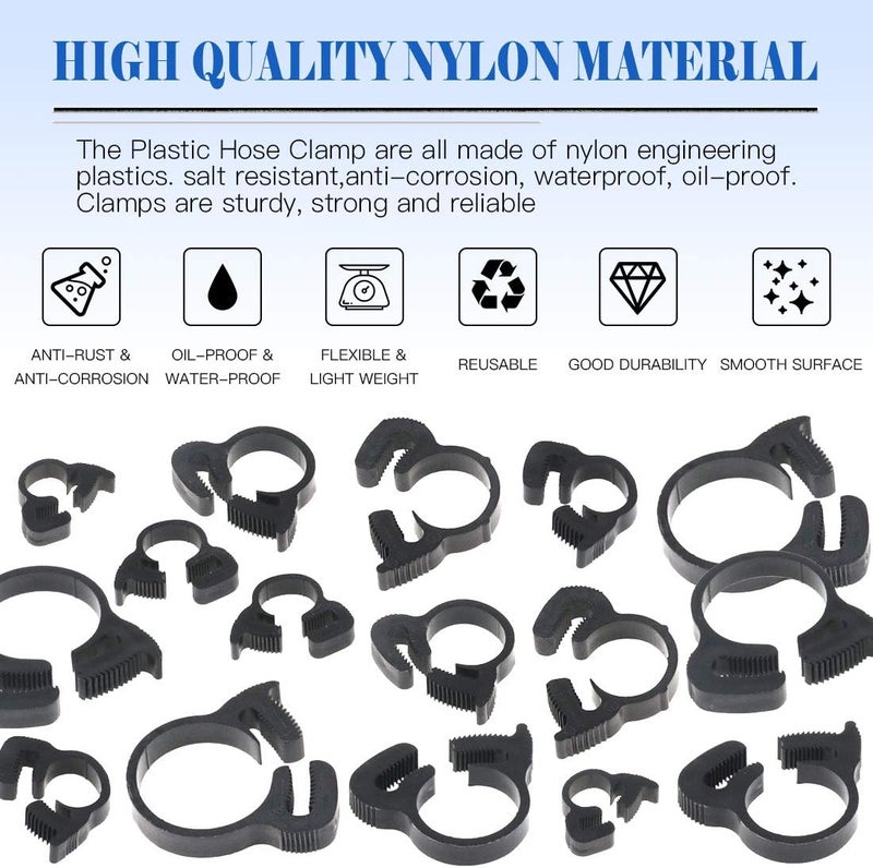 Glarks 48Pcs 8 Size Heavy Duty Black Double Gripping Nylon Hose Clamps Set 66272mm Plastic Snap Ratcheting Clamps Assortment Kit Black 48Pcs - Image 3