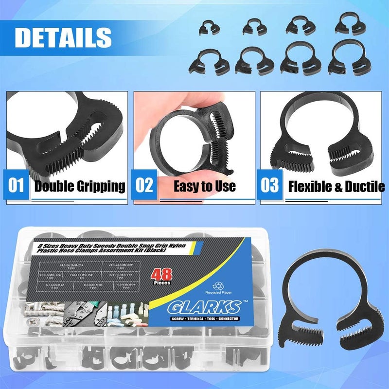 Glarks 48Pcs 8 Size Heavy Duty Black Double Gripping Nylon Hose Clamps Set 66272mm Plastic Snap Ratcheting Clamps Assortment Kit Black 48Pcs - Image 4