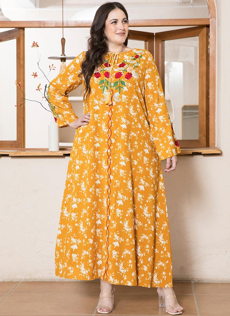 فرايديين لطيف دائري زهري مشجر تطريز ضمادة كم منتظم فساتين حجم إضافي اصفر - Image 5