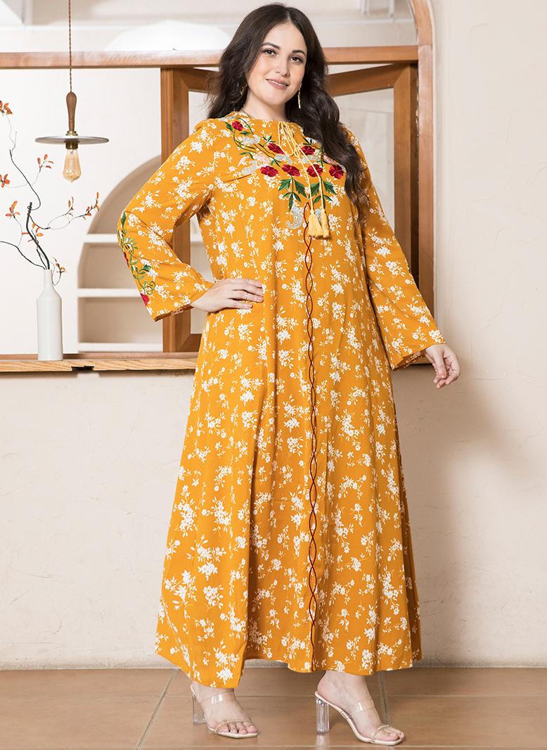 فرايديين لطيف دائري زهري مشجر تطريز ضمادة كم منتظم فساتين حجم إضافي اصفر - Image 1