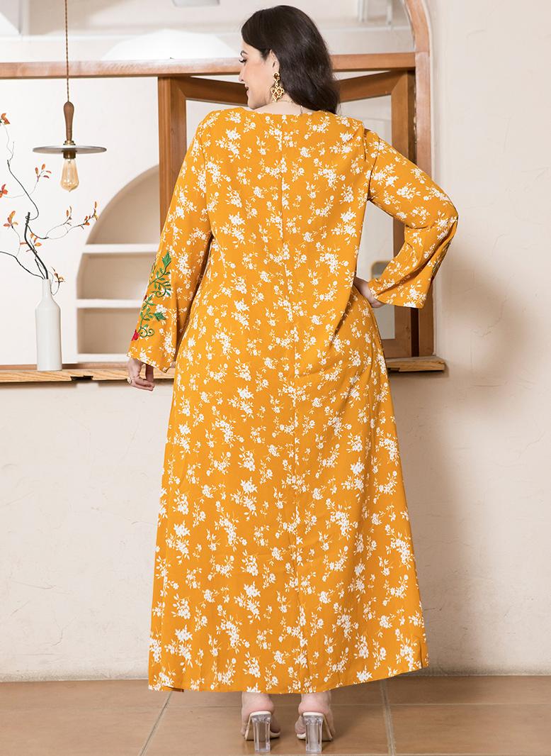 فرايديين لطيف دائري زهري مشجر تطريز ضمادة كم منتظم فساتين حجم إضافي اصفر - Image 2