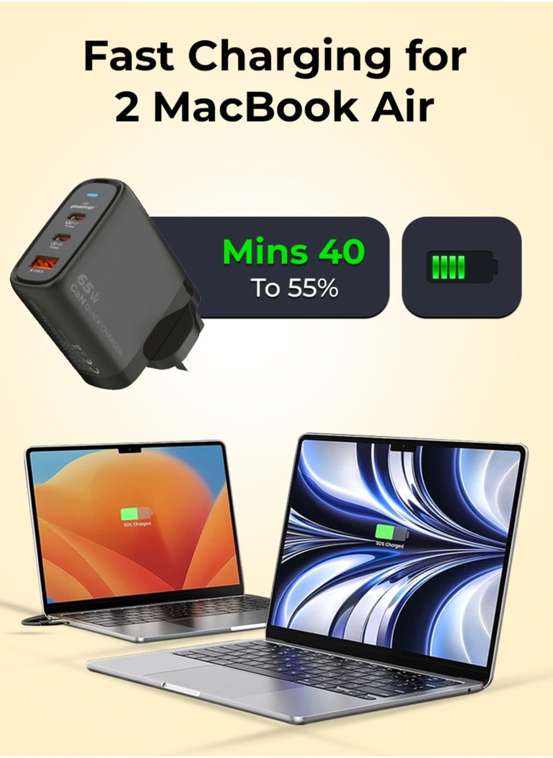 65W 3-Port GaN Fast Wall Charger (2 USB-C + 1 USB-A) Compatible With iPhone, Galaxy S24 23 Ultra Macbook Pro Air, iPad Pro, Mini Xiaomi Redmi, Lenovo, Airpods