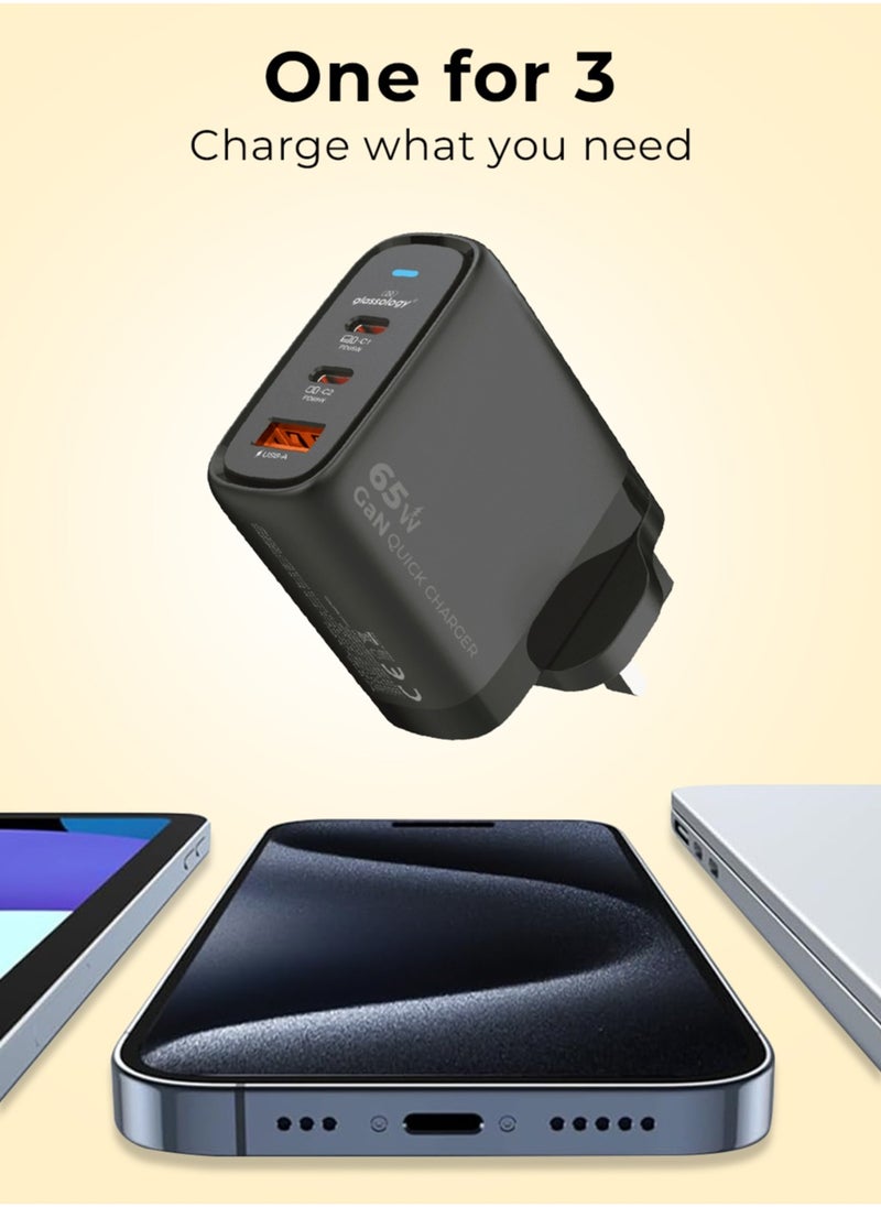 65W 3-Port GaN Fast Wall Charger (2 USB-C + 1 USB-A) Compatible With iPhone, Galaxy S24 23 Ultra Macbook Pro Air, iPad Pro, Mini Xiaomi Redmi, Lenovo, Airpods