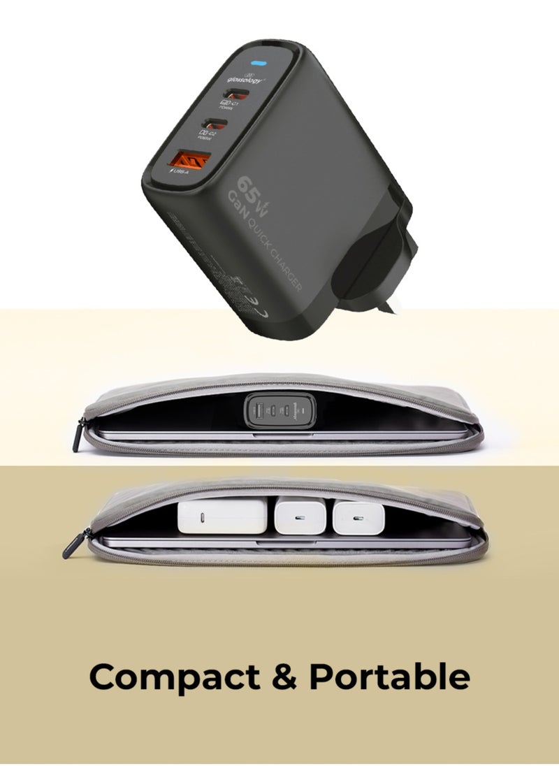 65W 3-Port GaN Fast Wall Charger (2 USB-C + 1 USB-A) Compatible With iPhone, Galaxy S24 23 Ultra Macbook Pro Air, iPad Pro, Mini Xiaomi Redmi, Lenovo, Airpods