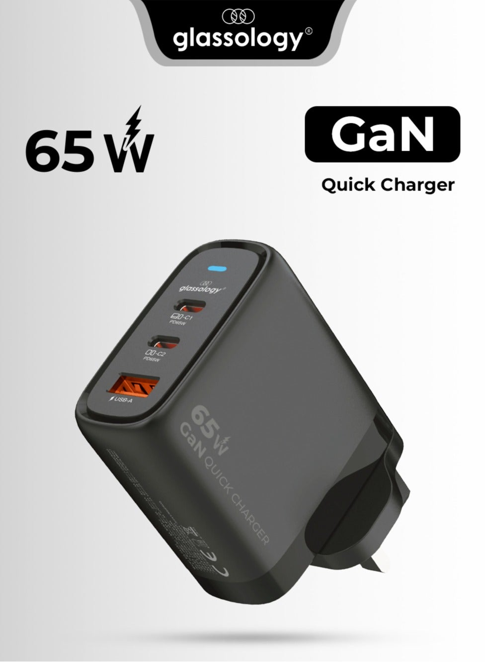 65W 3-Port GaN Fast Wall Charger 2 USB C + 1 USB A Compatible With iPhone, Galaxy S24 23 Ultra Macbook Pro Air, iPad Pro, Mini Xiaomi Redmi, Lenovo, Airpods