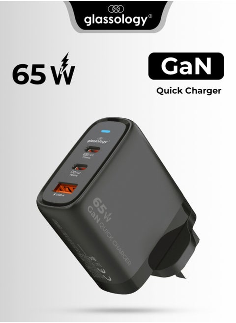 65W 3-Port GaN Fast Wall Charger (2 USB-C + 1 USB-A) Compatible With iPhone, Galaxy S24 23 Ultra Macbook Pro Air, iPad Pro, Mini Xiaomi Redmi, Lenovo, Airpods