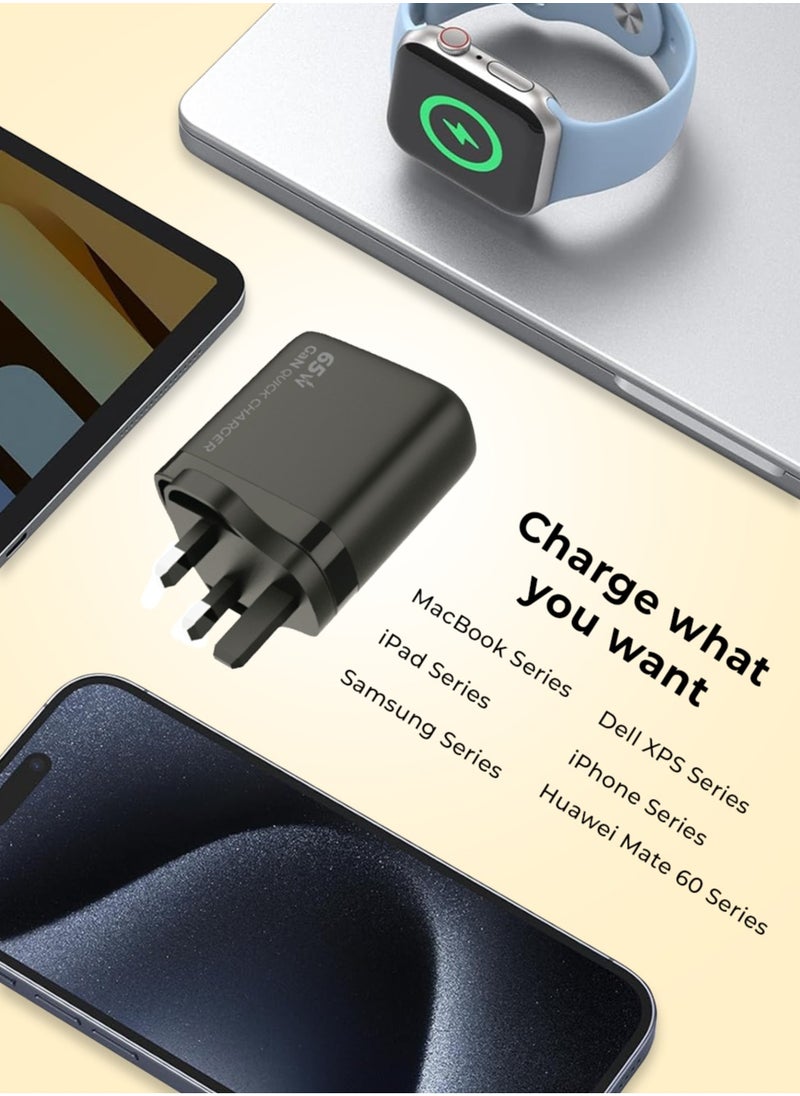 65W 3-Port GaN Fast Wall Charger (2 USB-C + 1 USB-A) Compatible With iPhone, Galaxy S24 23 Ultra Macbook Pro Air, iPad Pro, Mini Xiaomi Redmi, Lenovo, Airpods