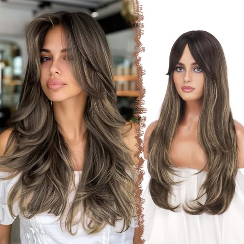 FESHFEN Wigs for Women Long Layered Wigs with Curtain Bangs Natural Looking Synthetic Heat Resistant Hair Wig for Daily Use Party 26 inch Ombre Brown Blonde - Image 1