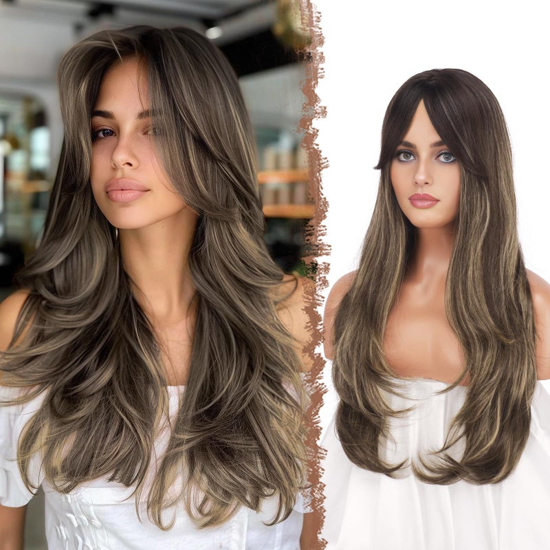FESHFEN Wigs for Women Long Layered Wigs with Curtain Bangs Natural Looking Synthetic Heat Resistant Hair Wig for Daily Use Party 26 inch Ombre Brown Blonde - Image 2