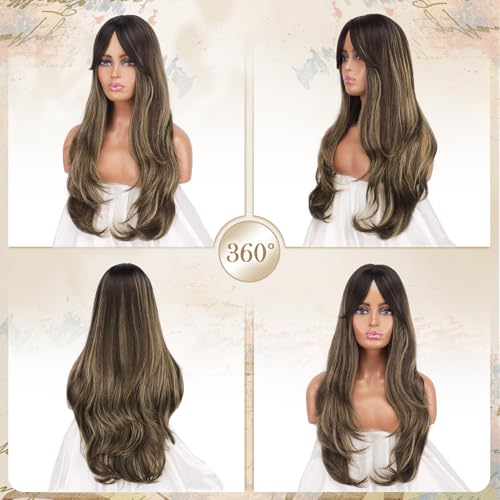 FESHFEN Wigs for Women Long Layered Wigs with Curtain Bangs Natural Looking Synthetic Heat Resistant Hair Wig for Daily Use Party 26 inch Ombre Brown Blonde - Image 3