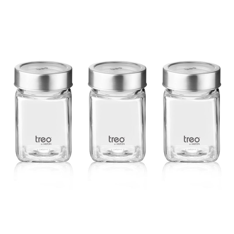 TREO by Milton Cube Storage Containers, Set of 3, Glass Jar with Air Tight Steel Lid, 310 ml each, Transparent Jars for Snacks, Pulses, Masala, Pickles, Cereals, Cookies, Dry Food - Image 2