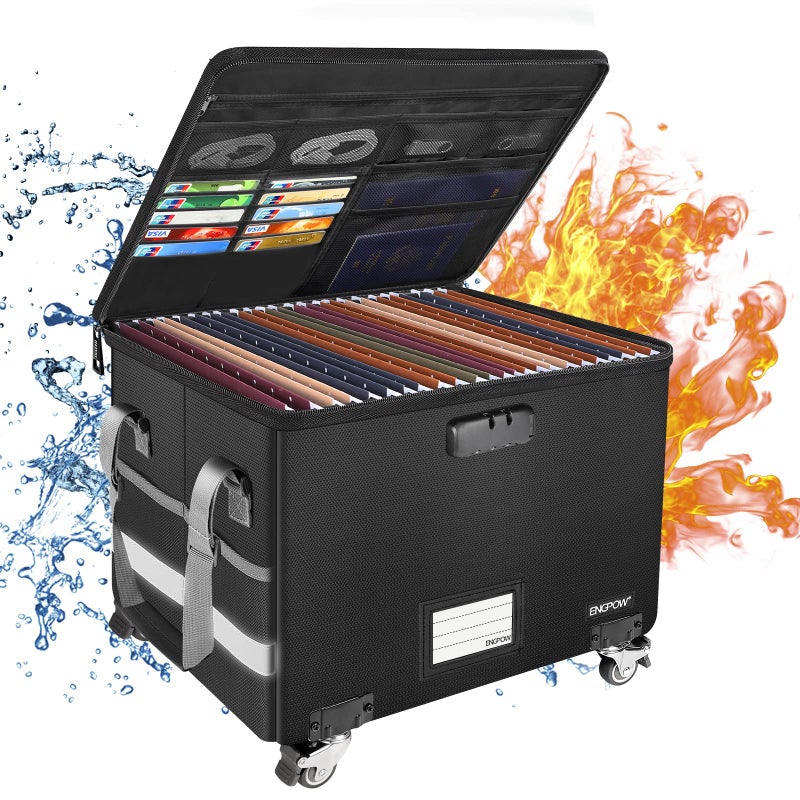 ENGPOW Fireproof Document Box with Wheels Collapsible File Box with Lock Rolling File Storage Organizer Filing Cabinet with Pockets Portable Home Office Safe for Hanging LetterLegal Folder