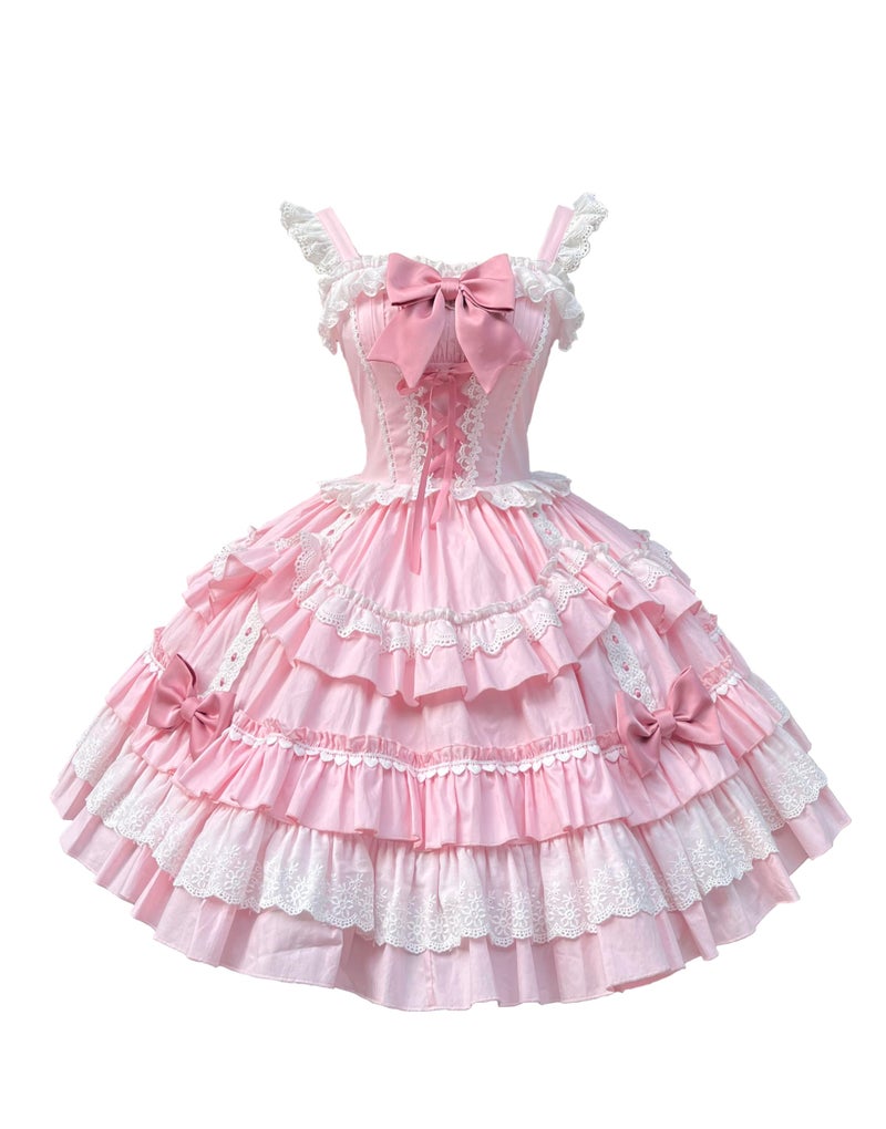 Smiling Angel Sweet Lolita Dress Pink Layered Ruffle Dress with White Lace Trim and Bows Cosplay Costumes (Pink, Small) - Image 1