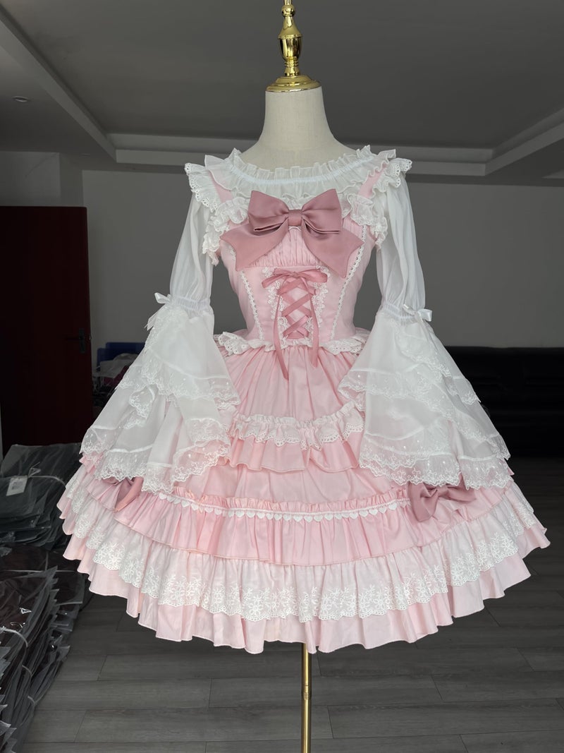 Smiling Angel Sweet Lolita Dress Pink Layered Ruffle Dress with White Lace Trim and Bows Cosplay Costumes (Pink, Small) - Image 4