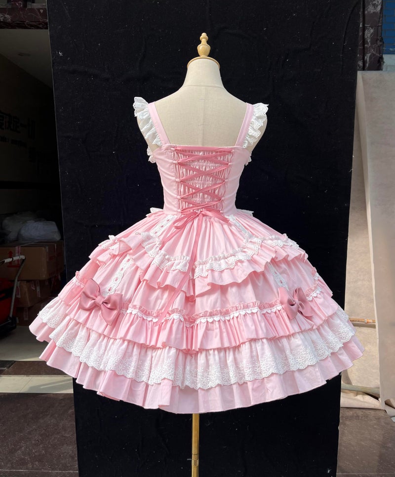 Smiling Angel Sweet Lolita Dress Pink Layered Ruffle Dress with White Lace Trim and Bows Cosplay Costumes (Pink, Small) - Image 2