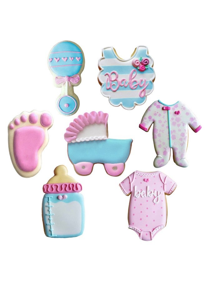Ann Clark Cookie Cutters Baby Shower Cookie Cutters 7-Pc Set Made in USA by Ann Clark, Onesie, Bib, Rattle, Bottle, Carriage, Foot, Footie PJs - Image 1