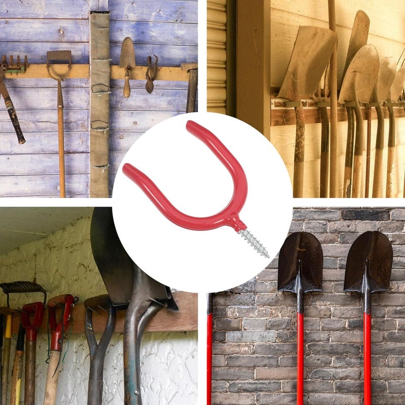 FENICAL Screw-in U Shape Utility Hooks for Garage Wall, Heavy Duty Metal Tool Hooks with Red Vinyl Coating, Garage Storage Organizer for Hanging Yard Tools and Shed Equipment - Image 4