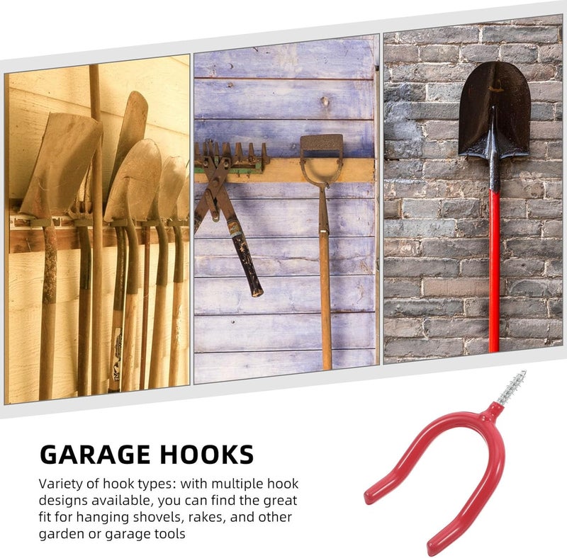 FENICAL Screw-in U Shape Utility Hooks for Garage Wall, Heavy Duty Metal Tool Hooks with Red Vinyl Coating, Garage Storage Organizer for Hanging Yard Tools and Shed Equipment - Image 5