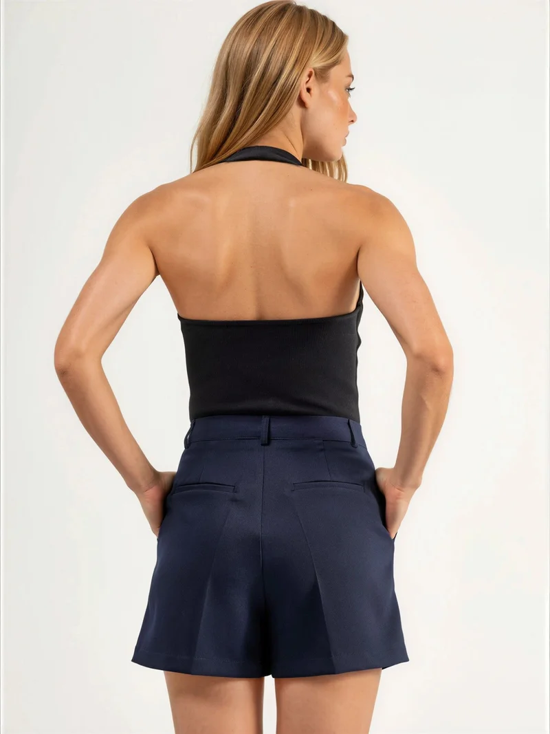Hiccup Navy Blue High Waist Wide Leg Mini Shorts for Women | Best Price UAE