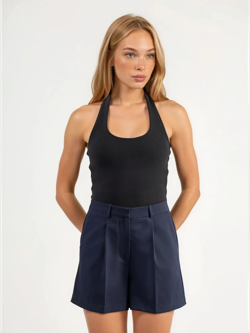 Hiccup Navy Blue High Waist Wide Leg Mini Shorts for Women | Best Price UAE