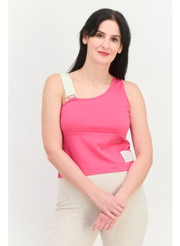Women Asymmetric Neck Sleeveless Brand Logo Tank Top, Dark Pink